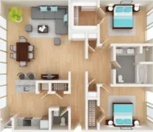 A 3D rendered image of a small apartment layout.